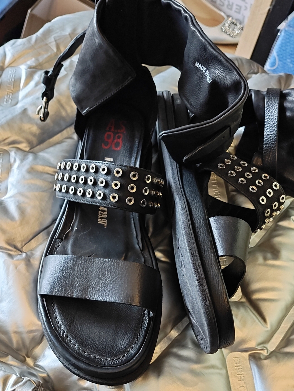 A.S.98 Black Leather Grommet Strap Sandals